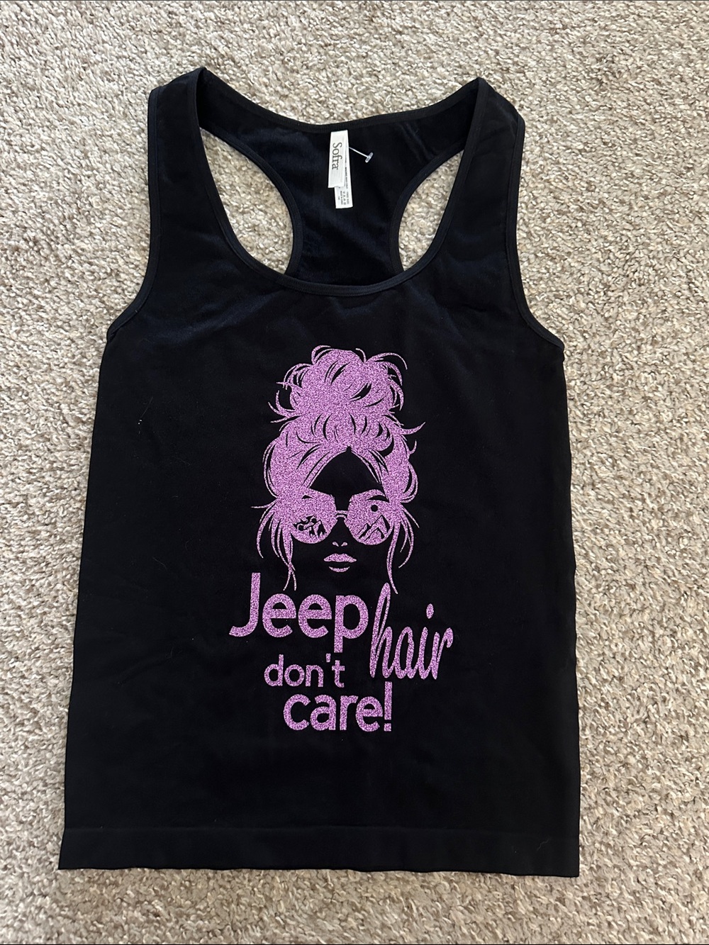 Sofra Black Tank Top with Pink Glitter 'Jeep Hair Don't Care' Graphic